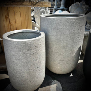 Set of Lighhtweight Fiber Concrete Planters that are Tall and Round, Stone like.
