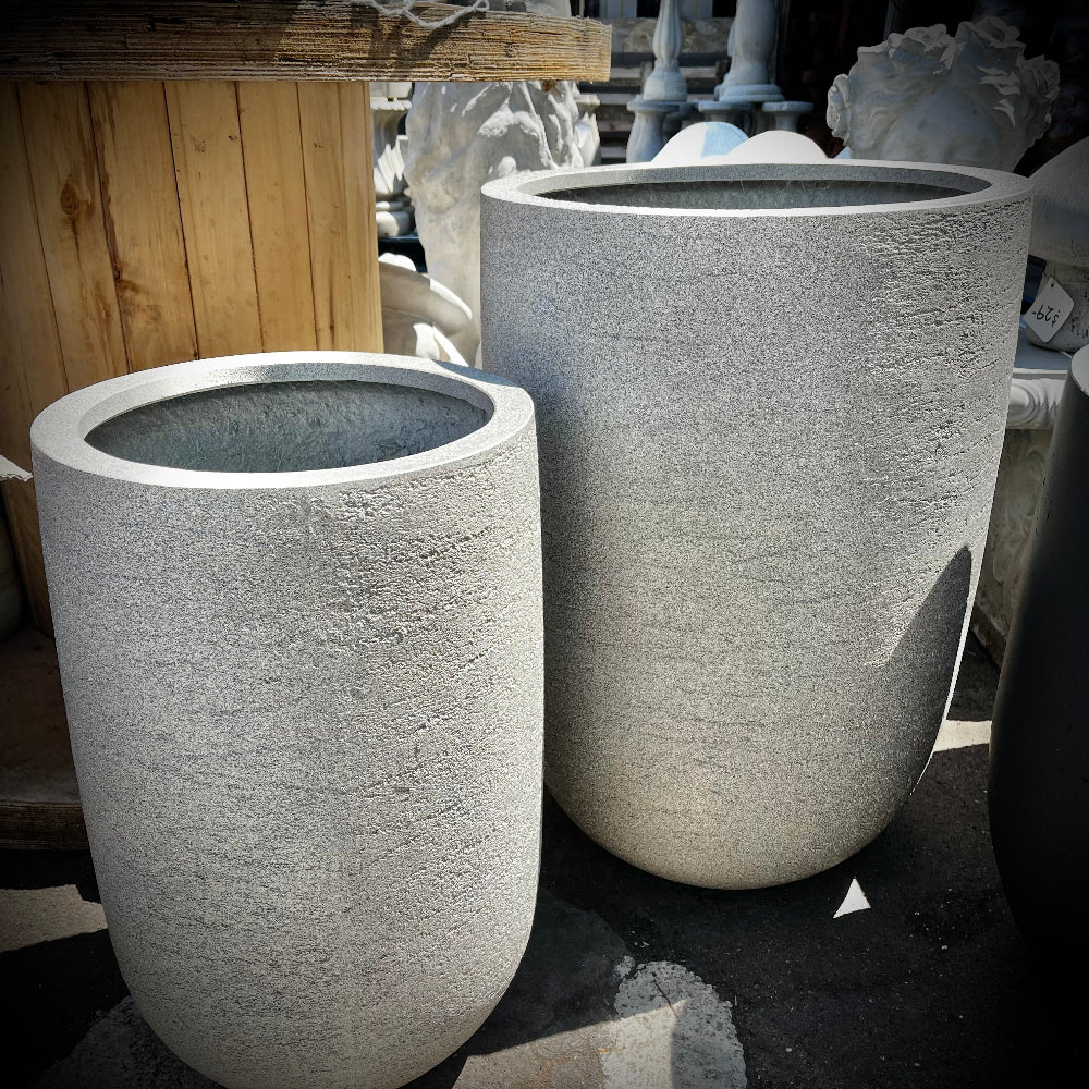 Set of Lighhtweight Fiber Concrete Planters that are Tall and Round, Stone like.