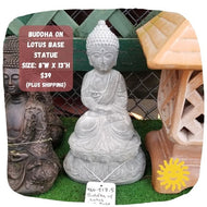 Statuary, Asian | Buddha Statue, Seated on Lotus Base, 13"h, Natural Concrete